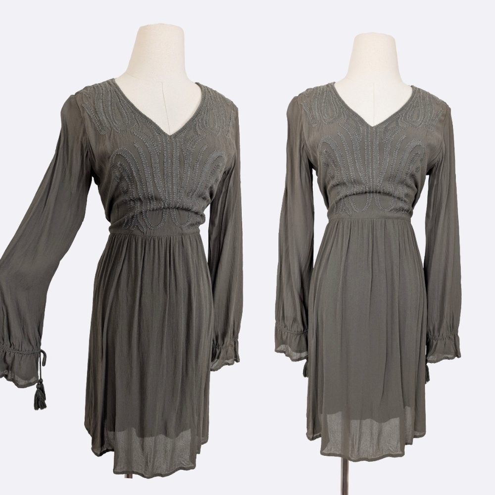 EDC Mini Dress Olive Khaki Green V-Neck Balloon Sleeve Embroidered Long Sleeve